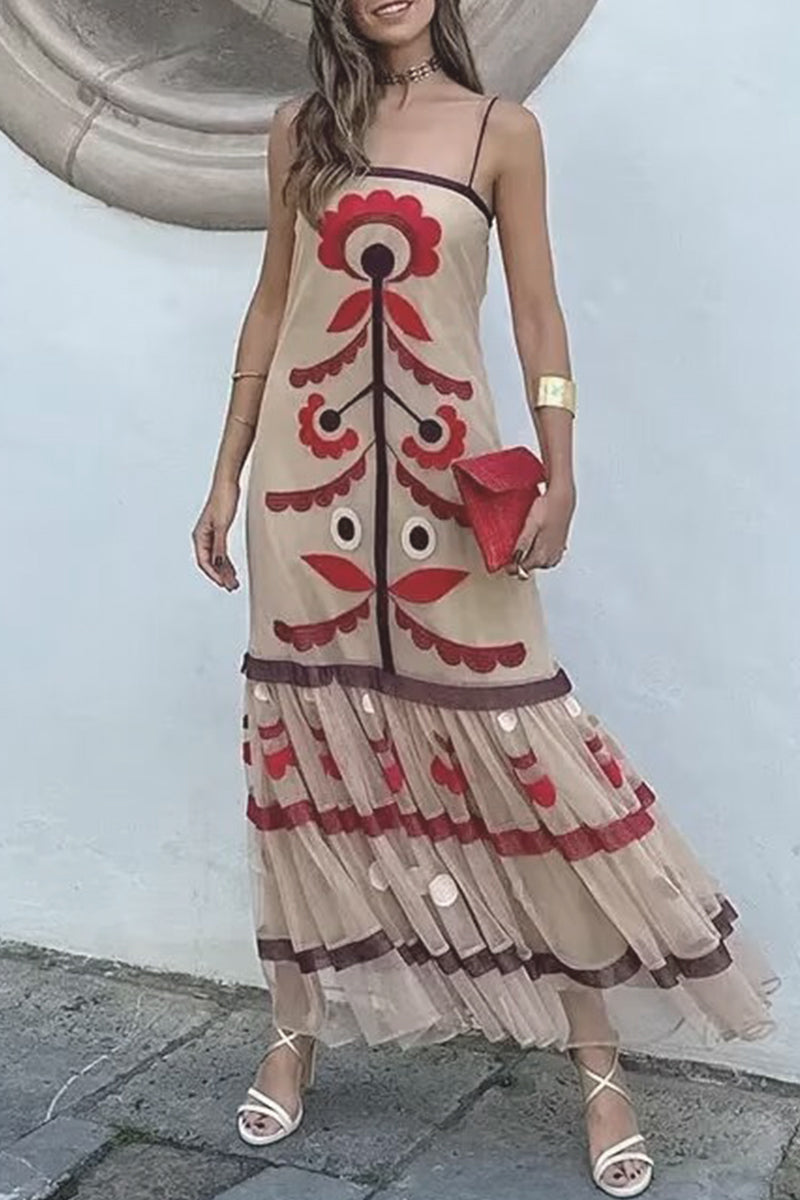Camila Exclusive Vintage Style Patchwork Sling Dresses with Geometric Print Elevated Occasion Wear