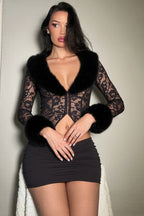Sexy Fleece Patchwork Lace Long Sleeve Two Piece Set