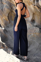Fashion casual collarless straight wide leg open back cross strap jumpsuit
