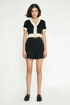 Black Contrast Trim Button-Up Cable Knit Cropped Cardigan