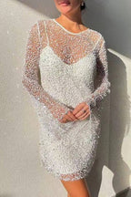 Sparkling Sequin Mesh Long-Sleeve Short Evening Dress