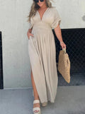 Letizia Minimalist Maxi Dress with V Neckline and Side Slit Premium Wardrobe Essential