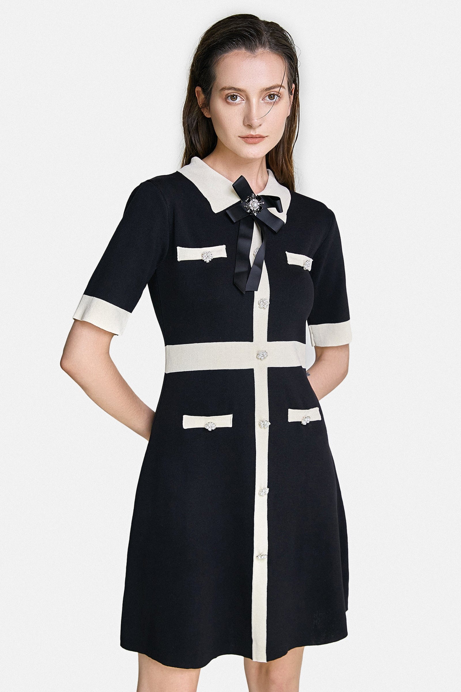 Black Contrast Trim Bow Brooch Knit Dress