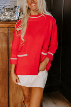 Class Act Knit Contrast Color Trim Mock Neck Pockets Sweater