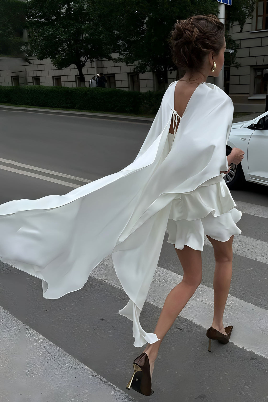 Solid Satin Shawl Cami Ruffle Mini Dress