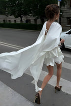 Solid Satin Shawl Cami Ruffle Mini Dress