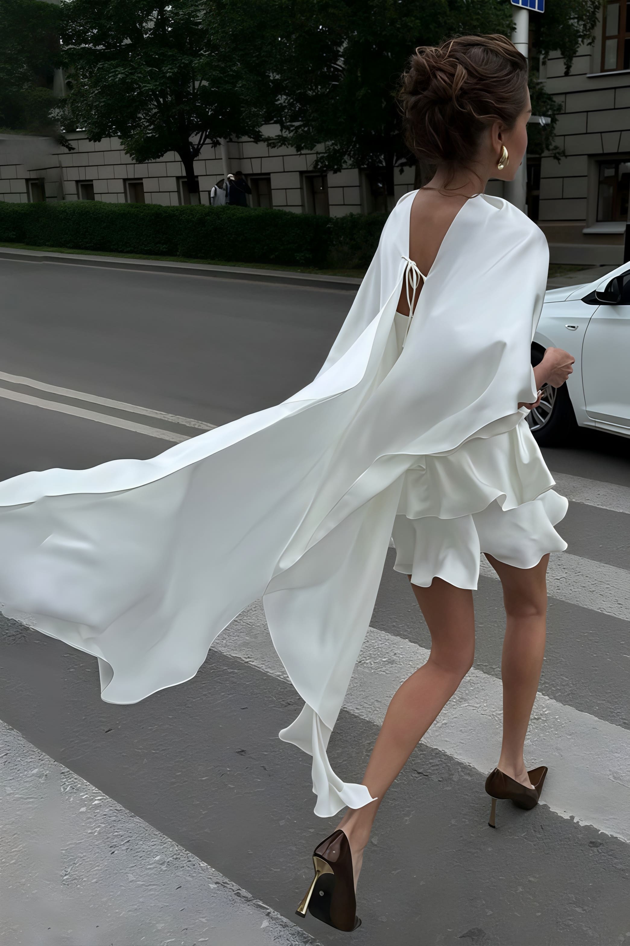 Solid Satin Shawl Cami Ruffle Mini Dress