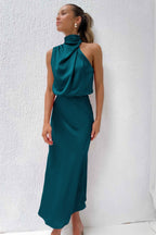 Vanessa Effortless Long Satin Dress with American Neckline Designer Edit