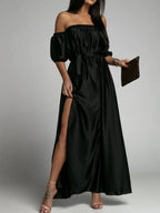 One Shoulder Short Sleeve Slit Dress