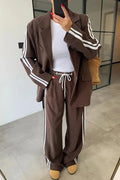 Levvie Striped Trim Long Sleeve Lapel Blazer and Rope Belt Pocketed Wide Leg Pants Set