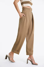 Burly Wood Hook And Loop Pleat Front Turn-Up Hem Suit Pants