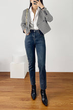 Black Houndstooth V-Neck Double-Breasted Jacket