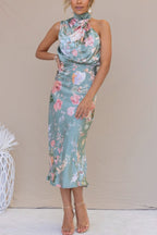 Wine Country Dates Floral Halter Neck Elastic Waist Party Midi Dress
