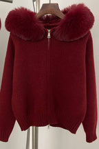 Fur-collar zip-up cardigan