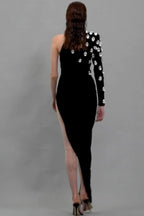 Rhinestone One Shoulder Long Sleeve Slit Bandage Cocktail Dress