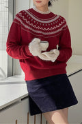 Fair Isle Pattern Loose Crew Neck Color Block Minimalist Sweater