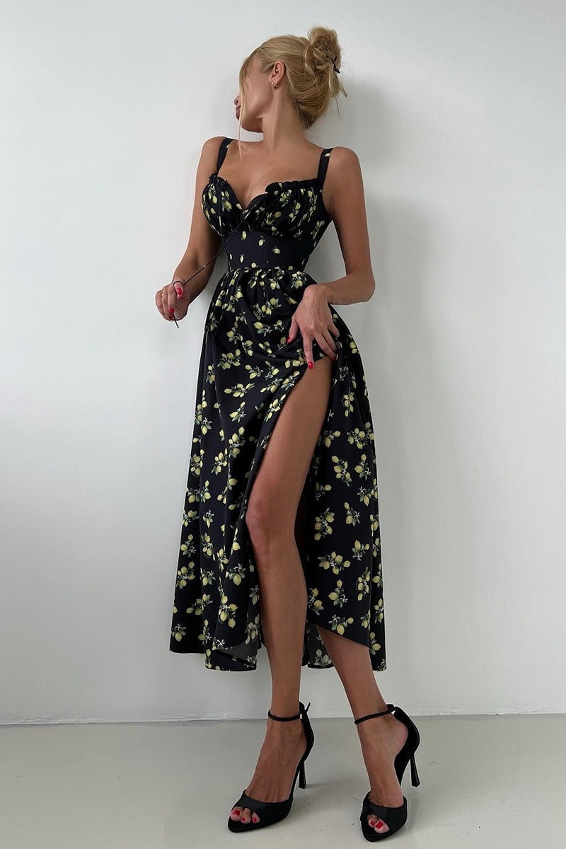 Floral Cami Tie High Waist Slit Midi Dress
