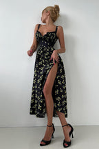 Floral Cami Tie High Waist Slit Midi Dress
