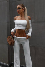 Off Shoulder Long Sleeve Crop Top Pants Set