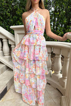 Harmony Floral Print Tiered  Ruffle Cross Halter Backless Vacation Maxi Dresses