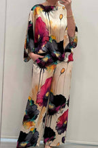 Ink Wash Floral Print Batwing Sleeve Wide Leg Pants Set