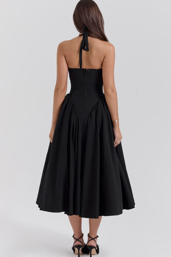 Lilly Timeless Solid a Line Halter Midi Dresses with Deep V Neck Boutique Dress Collection
