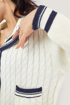 Ivory Sailor Collar Striped Trim Ribbed  Cardigan