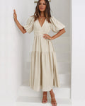 Eulalia Exclusive V Neck Dress with Puff Sleeves Chic Silhouette Collection