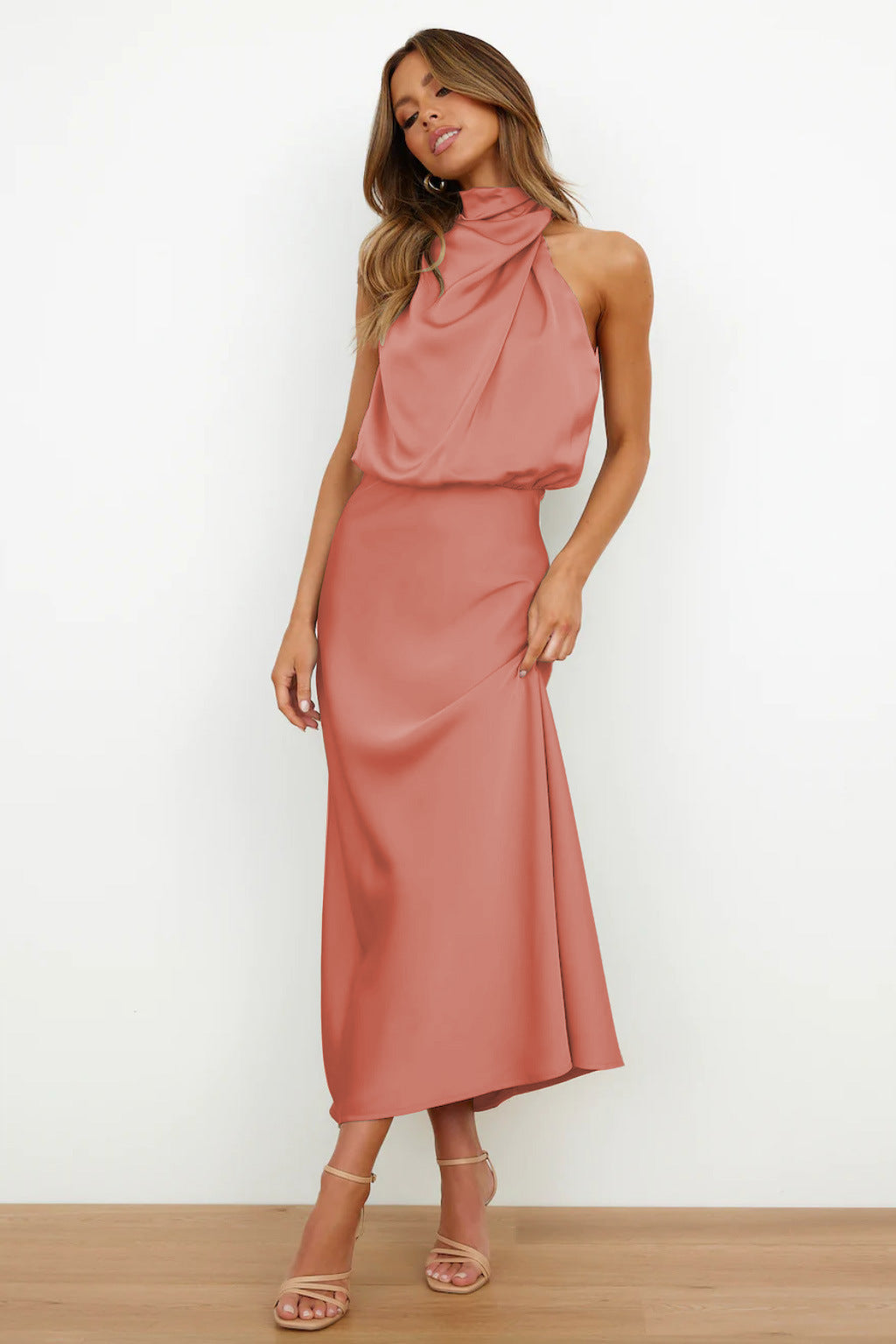 Vanessa Effortless Long Satin Dress with American Neckline Designer Edit