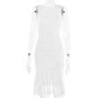Ruched solid sleeveless ruffle zip-up backless midi dress