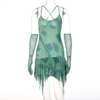 Cross open back ruffled gloves dress