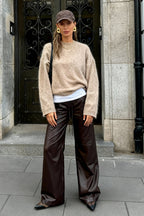 Elegant Solid Mohair Soft Knitted Pullover Women Casual Oneck Long Sleeve Loose Sweater