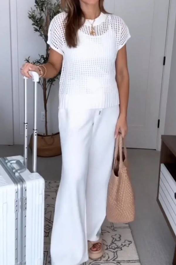 Women Round Neck Hollowed Out Top+ Pants Casual Suit