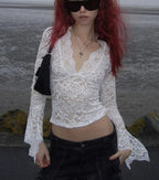 Lace Hook Flower Hollow Mesh Sheer Top