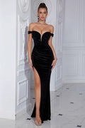 Black Sequin Off-Shoulder High Slit Party Dress