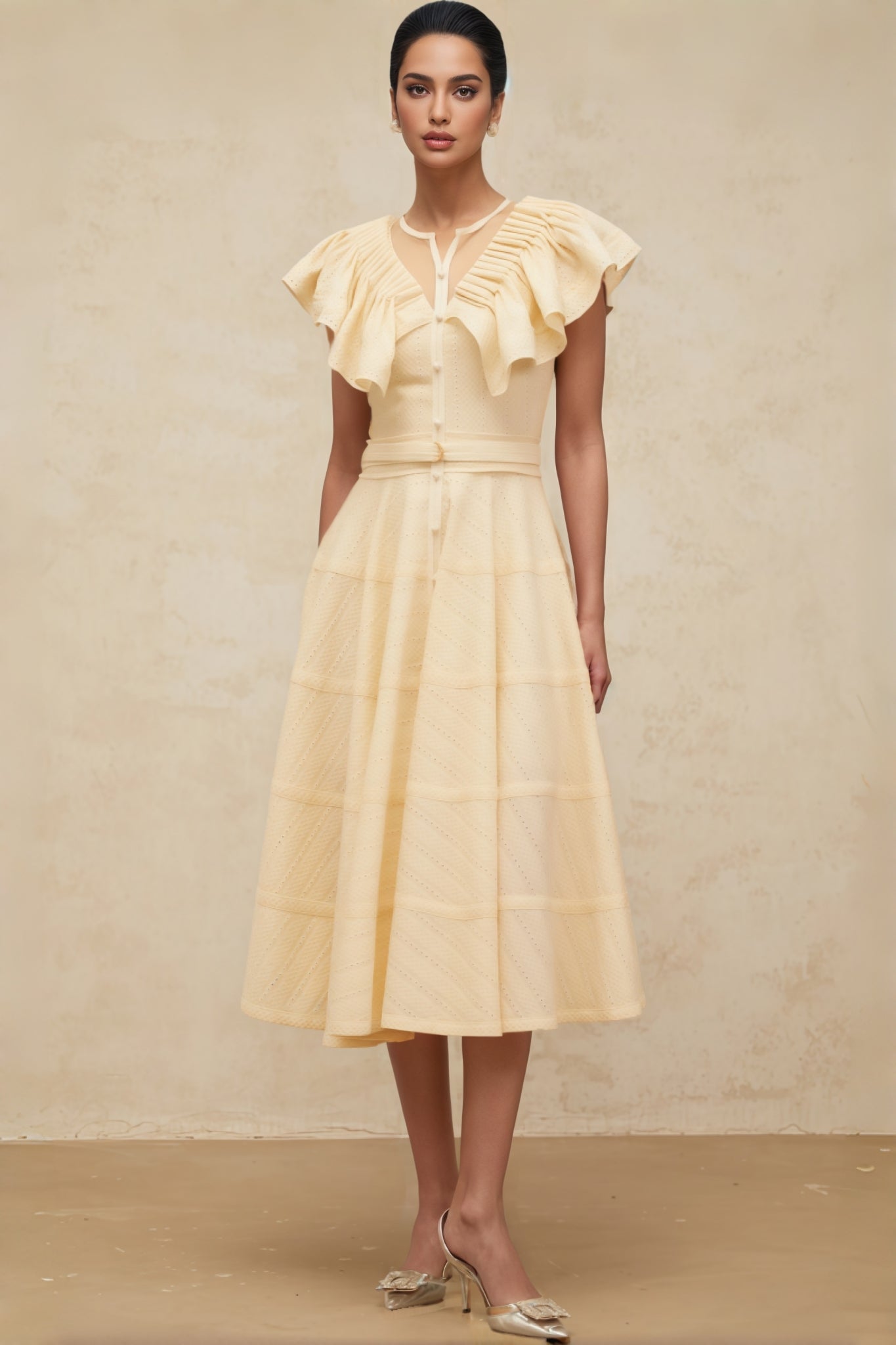Bren Ruffle V-Neck Midi Dress