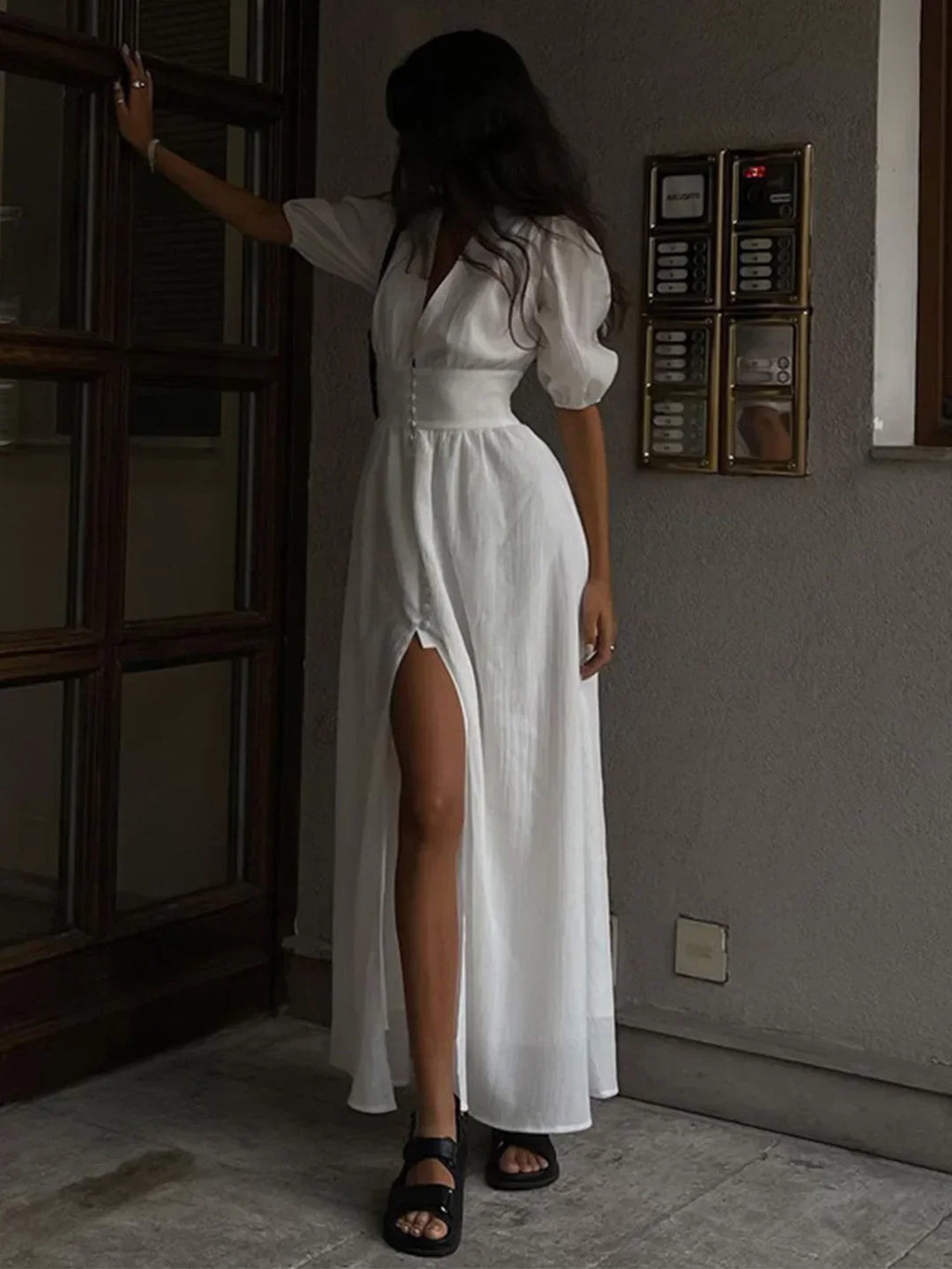 Bubble Sleeves Frenchy Button Split Long Dress