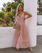 Fathoms Below Adjustable Metallic Tiered Maxi Dress Rose FINAL