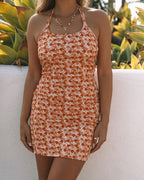 Amira Floral Halter Knit Mini Dress Orange Multi