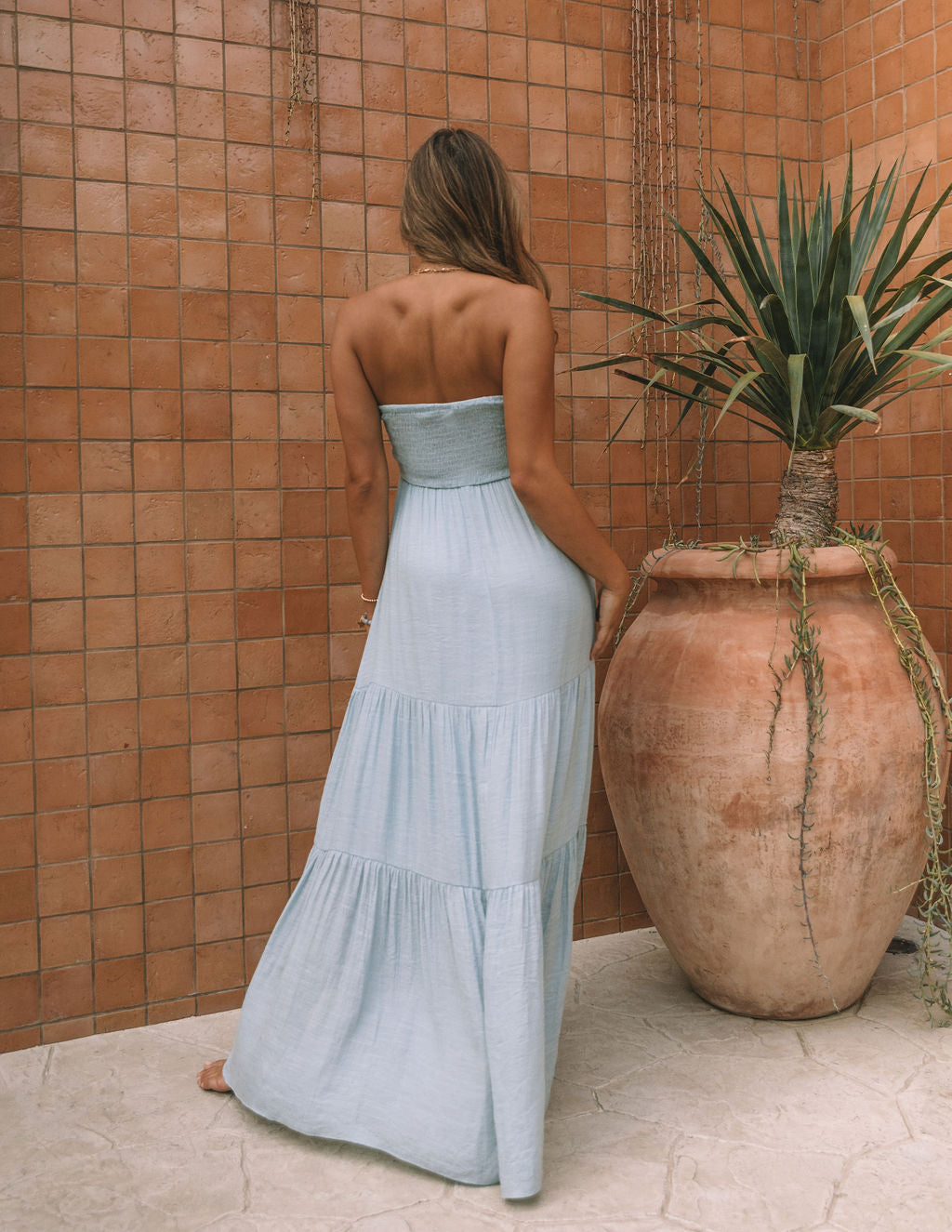 Hattie Strapless Pocketed Tie Front Maxi Dress Waterlily