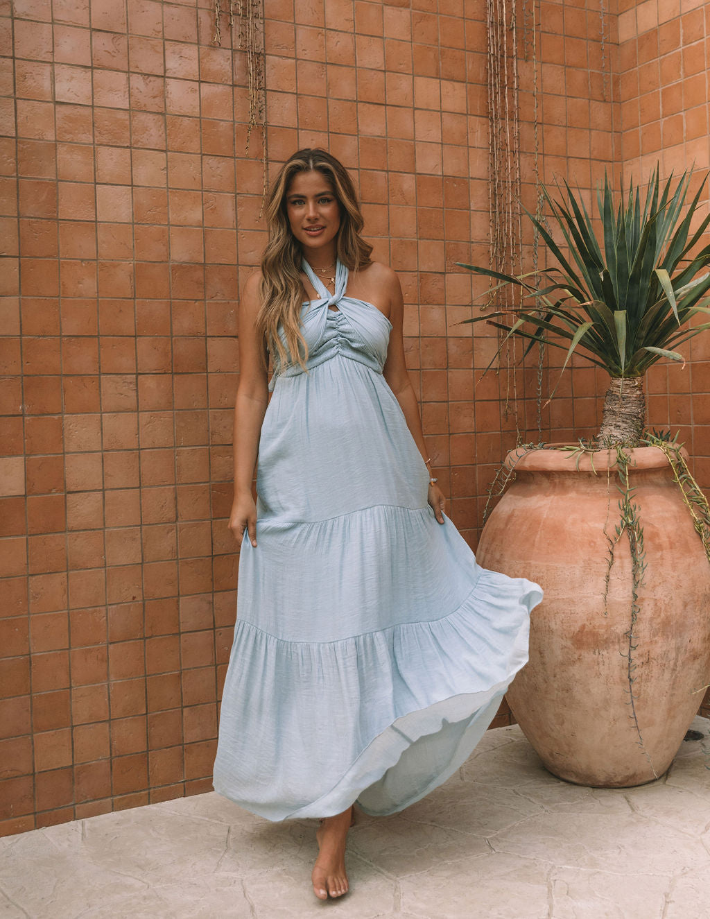 Hattie Strapless Pocketed Tie Front Maxi Dress Waterlily