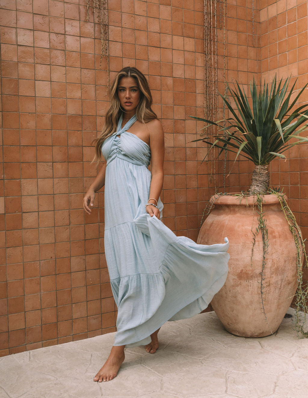 Hattie Strapless Pocketed Tie Front Maxi Dress Waterlily