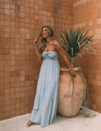 Hattie Strapless Pocketed Tie Front Maxi Dress Waterlily
