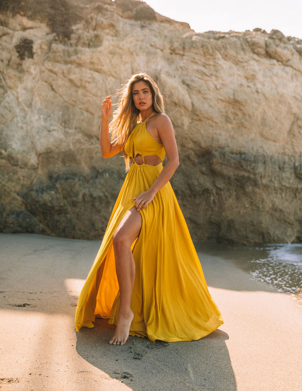 Cailey Cutout Halter Maxi Dress Moss Yellow