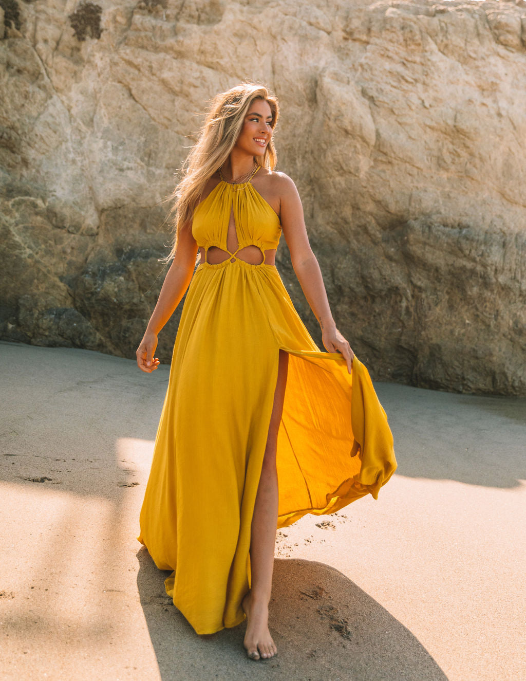 Cailey Cutout Halter Maxi Dress Moss Yellow