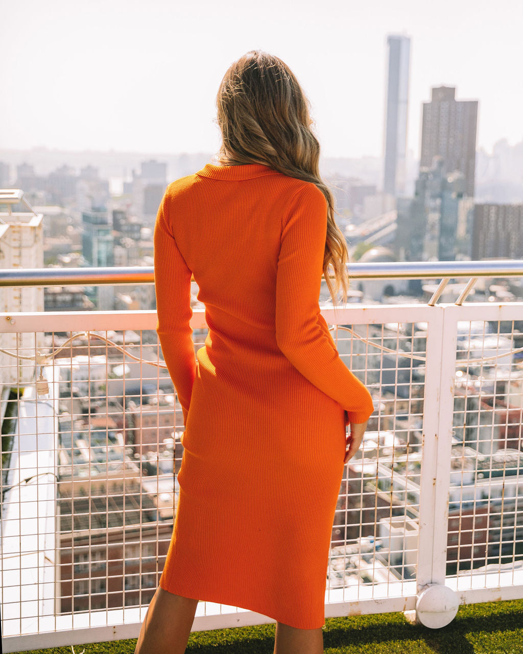 Ari Collared Button Down Knit Midi Dress Orange FINAL