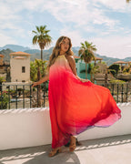 Mykonos Pleated Ombre Halter Maxi Dress Pink Red