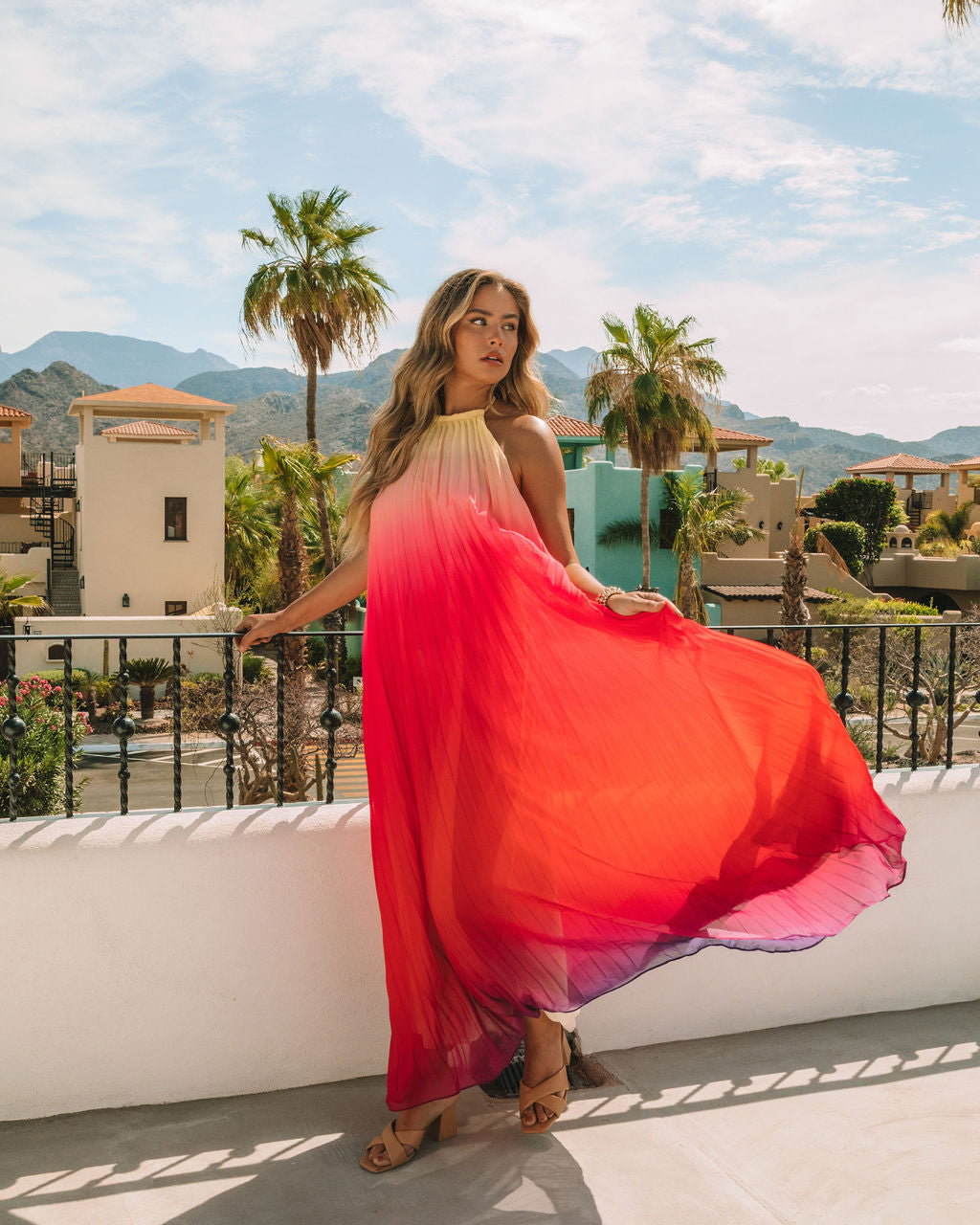 Mykonos Pleated Ombre Halter Maxi Dress Pink Red
