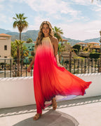 Mykonos Pleated Ombre Halter Maxi Dress Pink Red