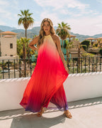 Mykonos Pleated Ombre Halter Maxi Dress Pink Red